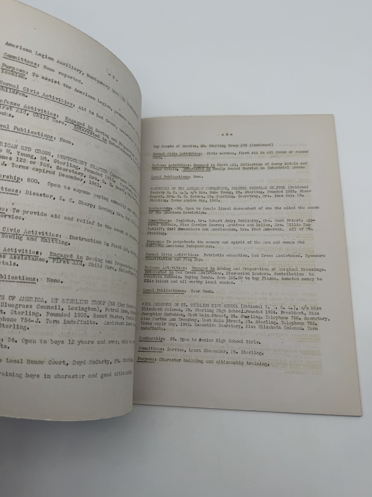 1943 Montgomery County KY Civilian Organizations WPA Defense Council Guide