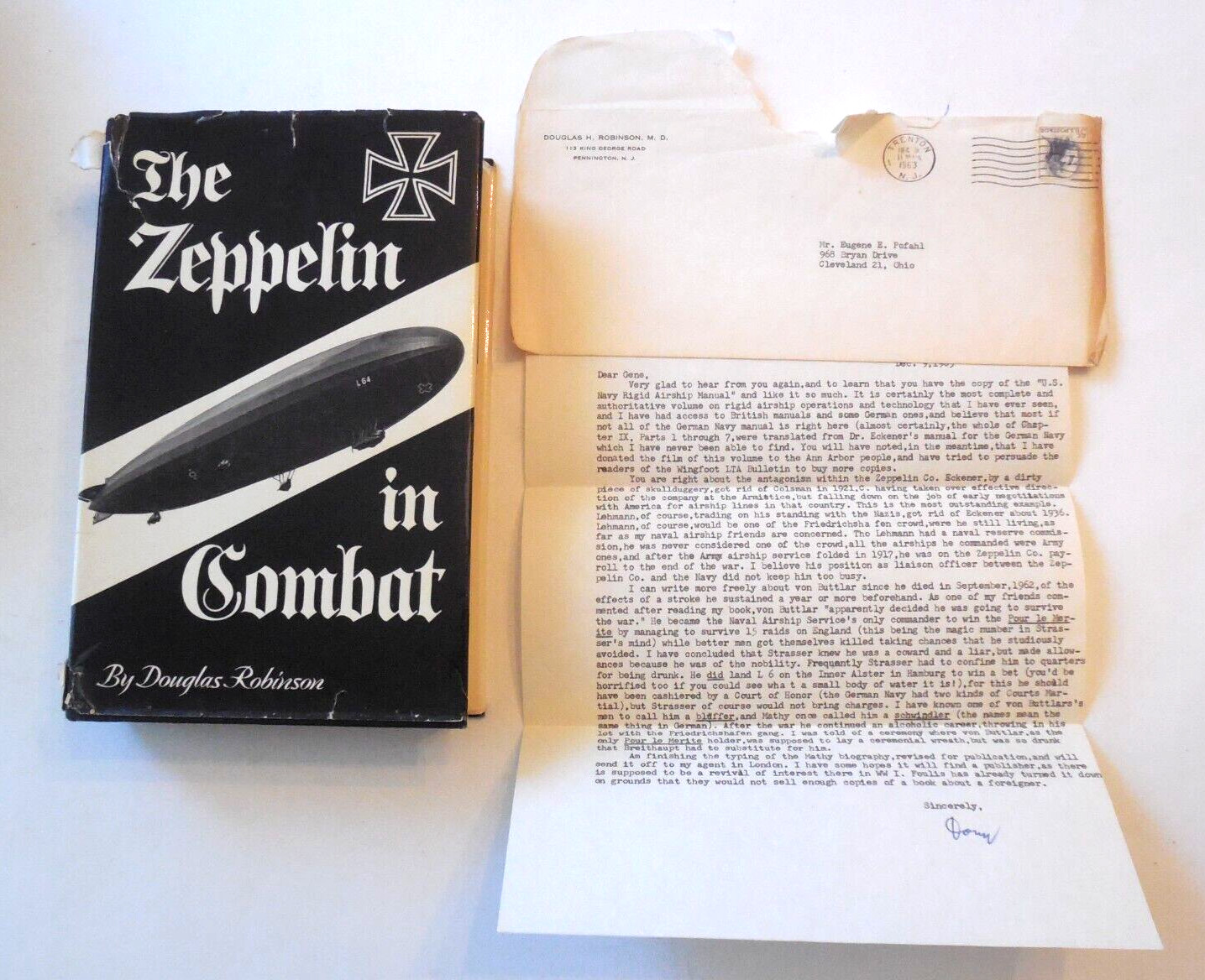 1962 The Zeppelin In Combat by Douglas Robinson HB w/ Signed Letter from Author