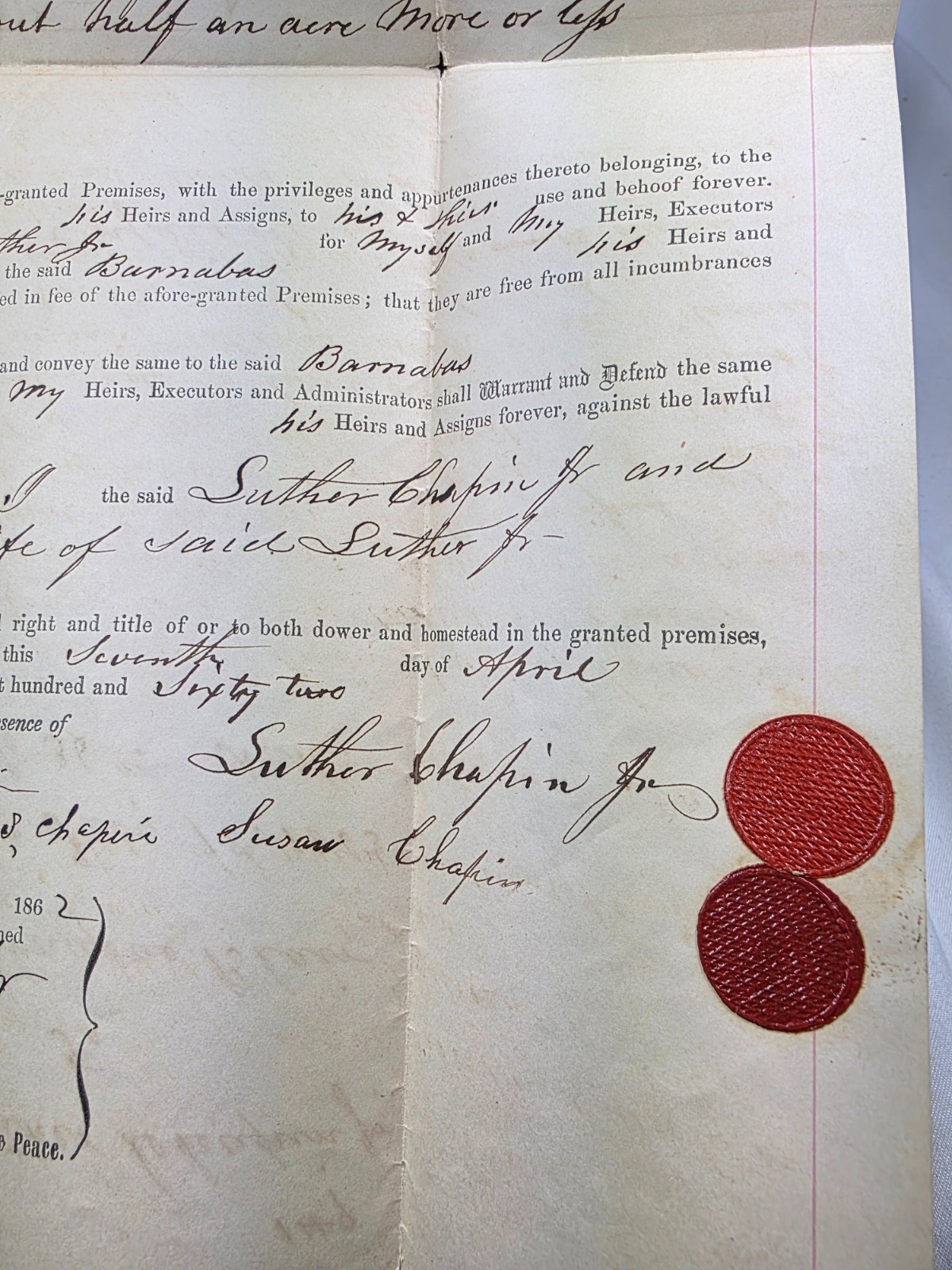 1862 Massachusetts Warranty Deed w/ Revenue Stamps. Chapin Family Genealogy Book