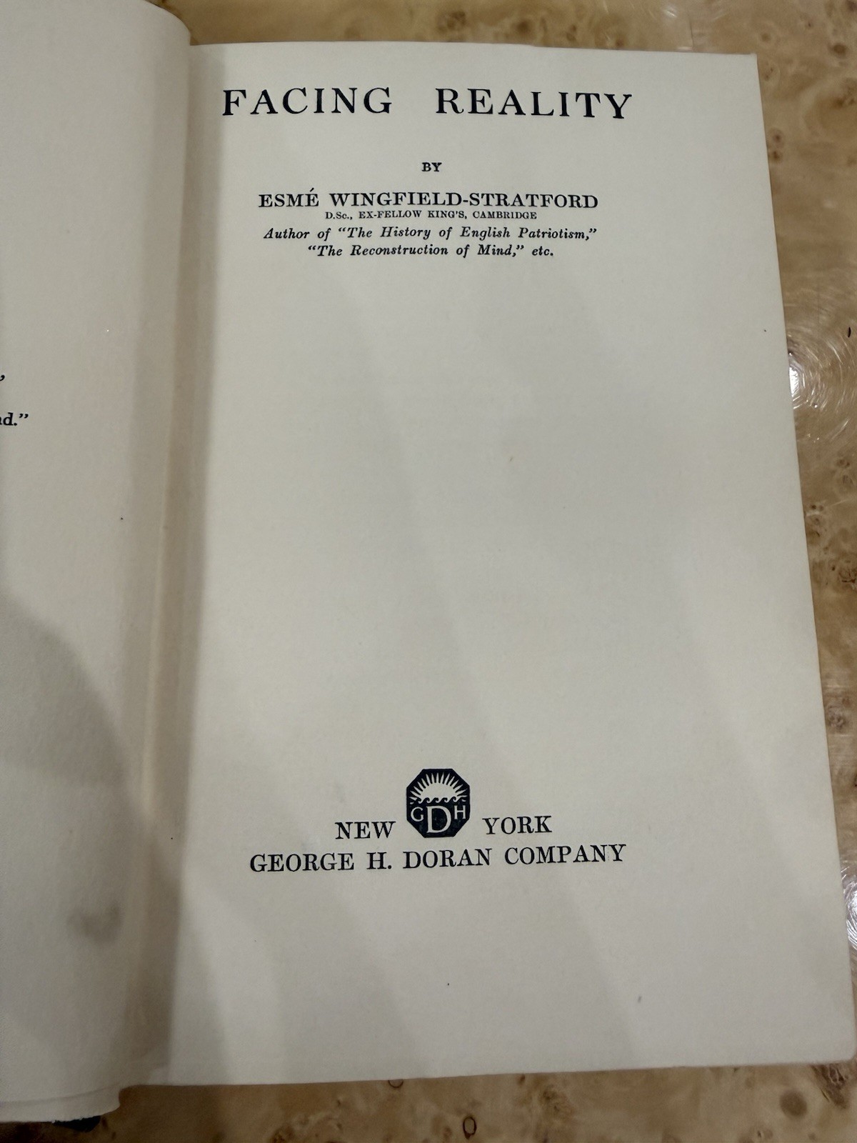 Facing Reality Esmé Wingfield-Stratford 1922 George H. Doran HC Philosophy