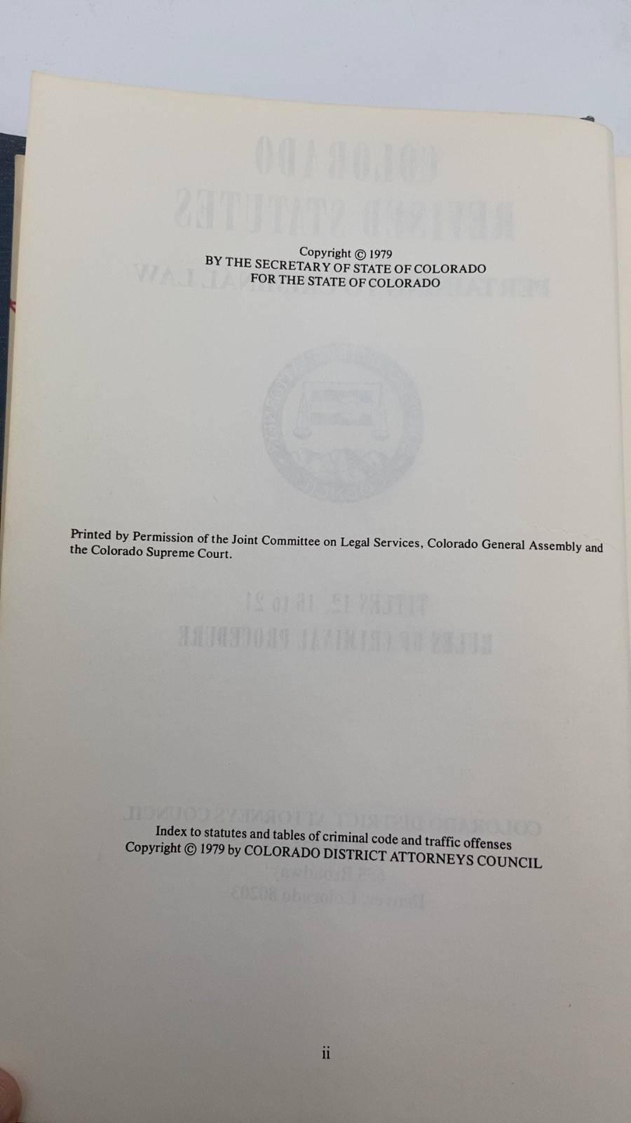 Colorado Revised Statutes Pertaining to Criminal Law Hardcover 1979