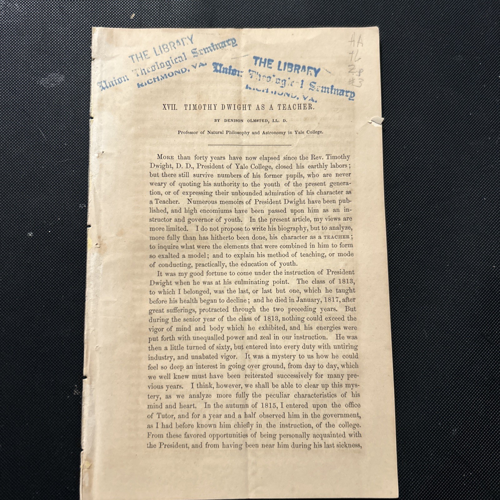 Rare Disbound Pamphlet, Timothy Dwight As A Teacher, Denison Olmsted