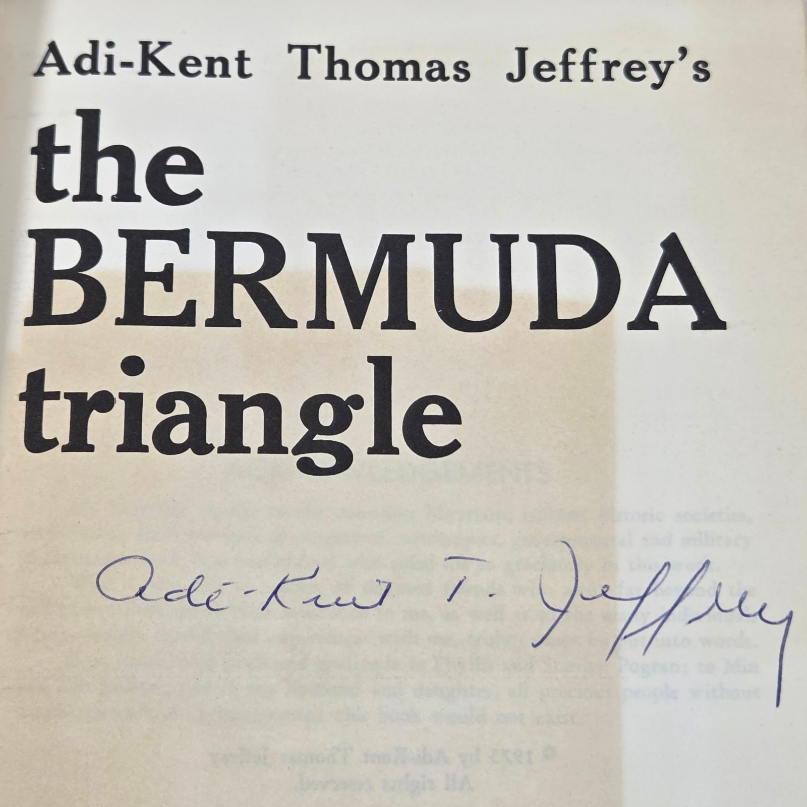 SIGNED 1973 1st Ed The Bermuda Triangle Adi-Kent Thomas Jeffrey Autograph
