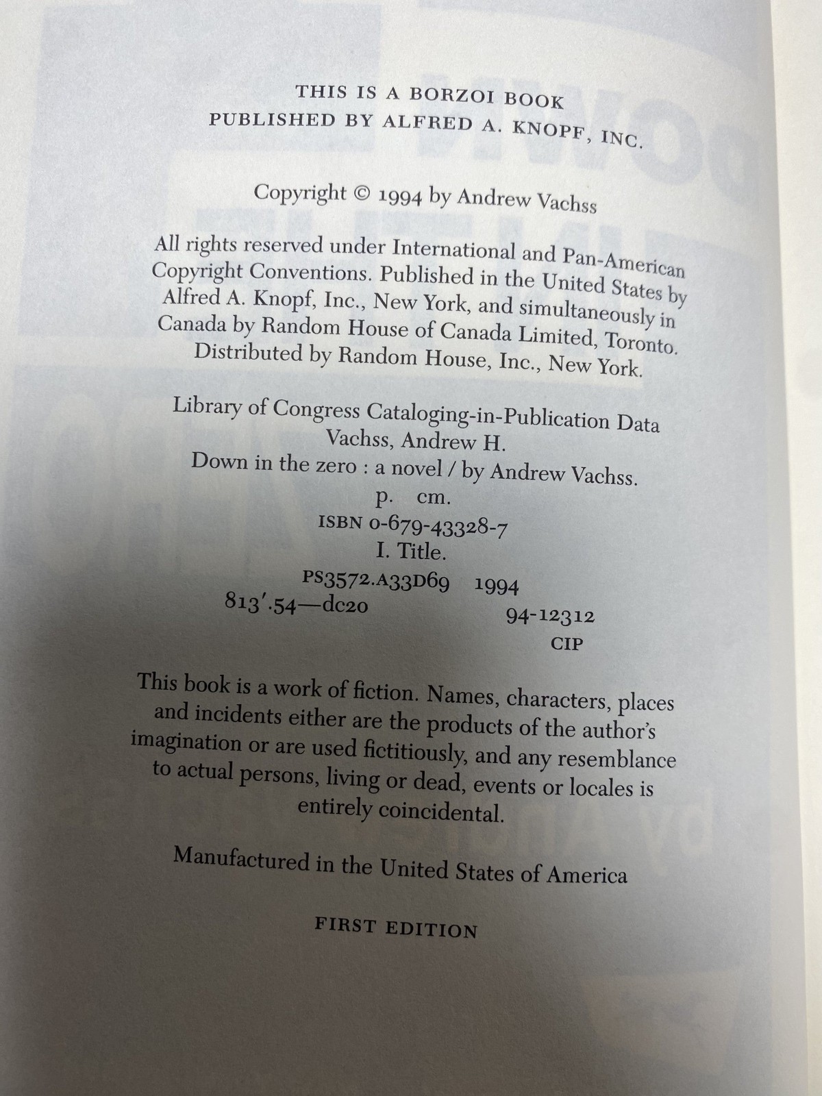 Andrew Vachss / Down In The Zero 1st Edition 1994