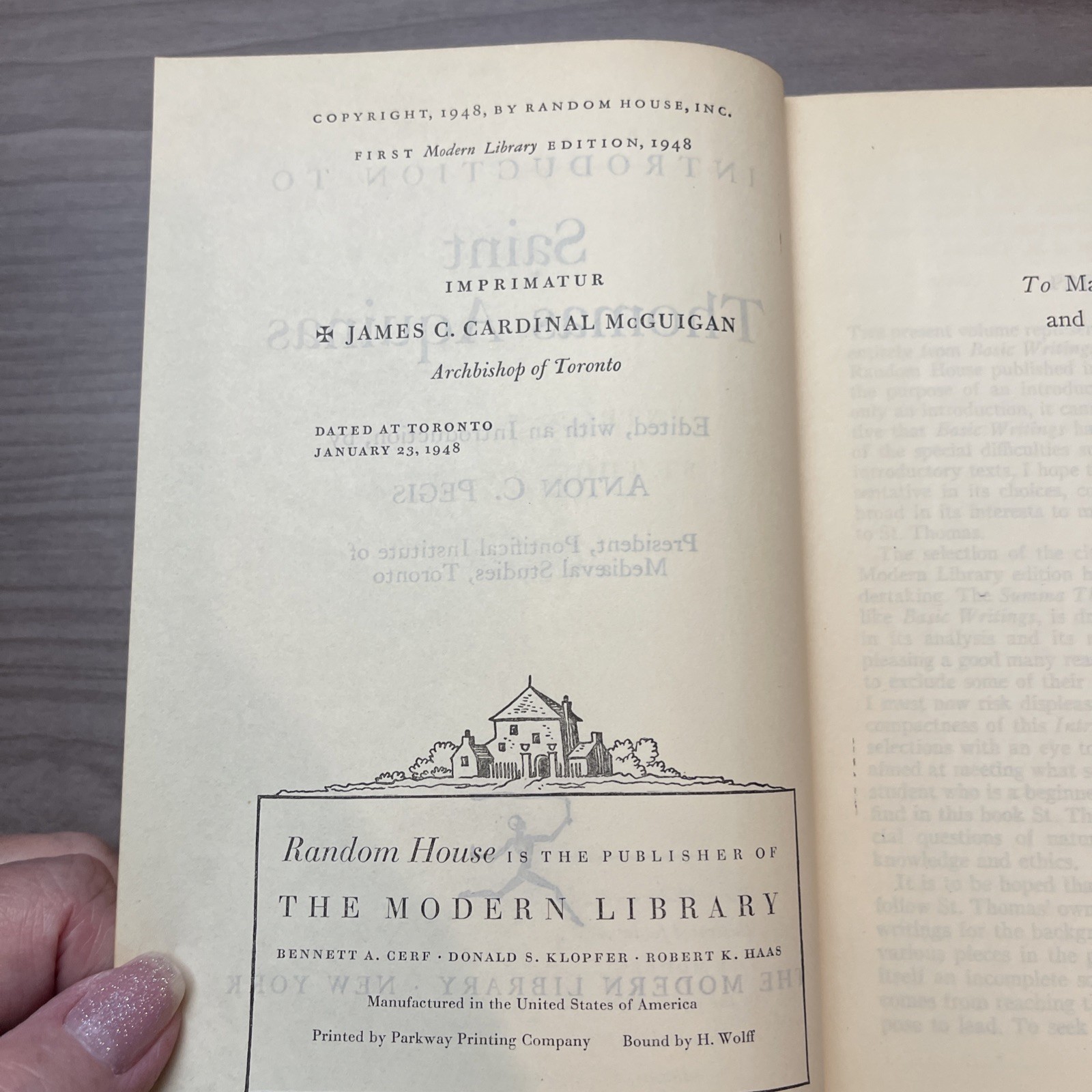 Introduction to St. Thomas Aquinas – Anton Pegis -Modern Library Hardcover-1948