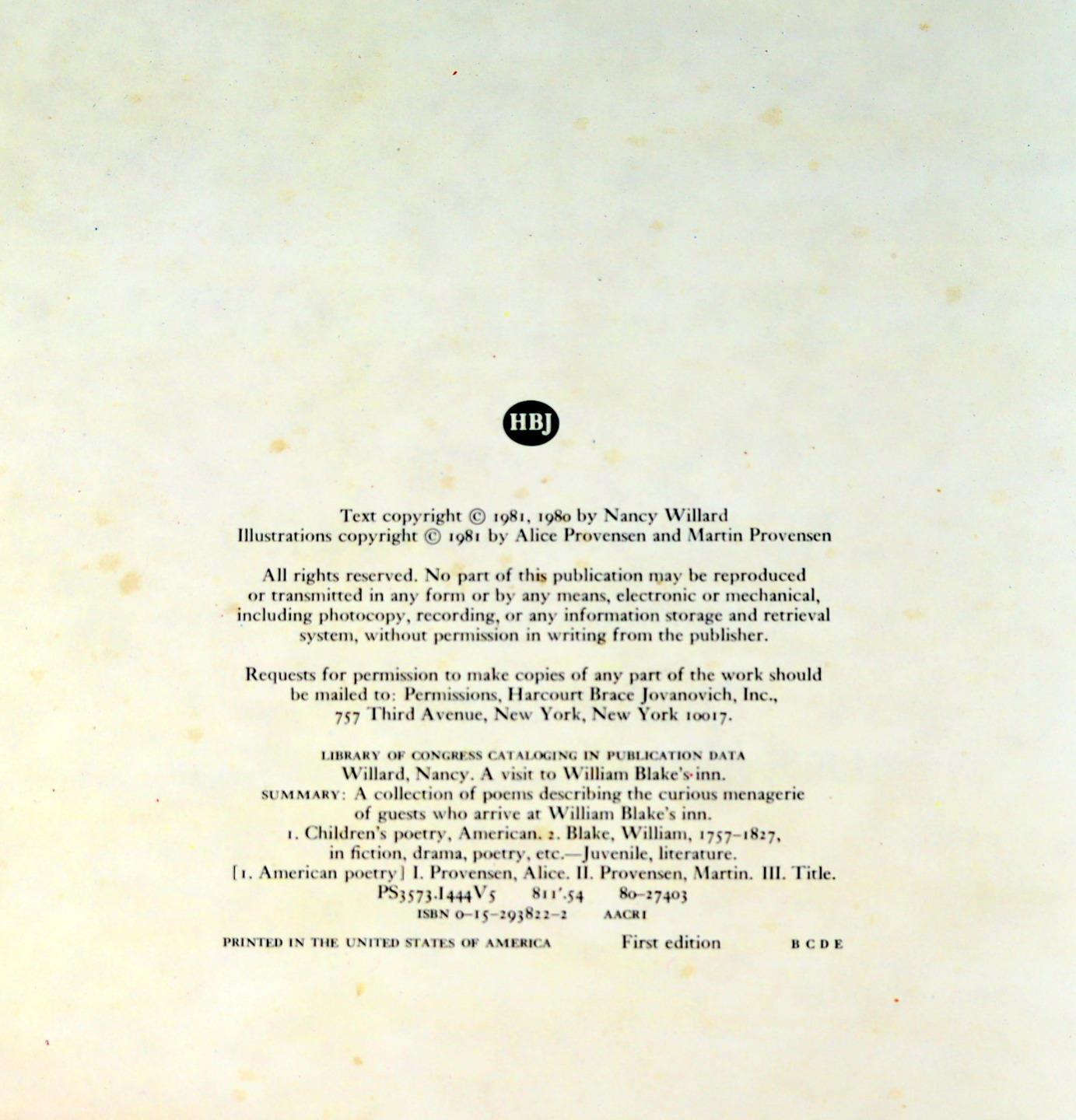 Nancy Willard Alice & Martin Provensen 1st Ed A Visit to William Blake’s Inn HC
