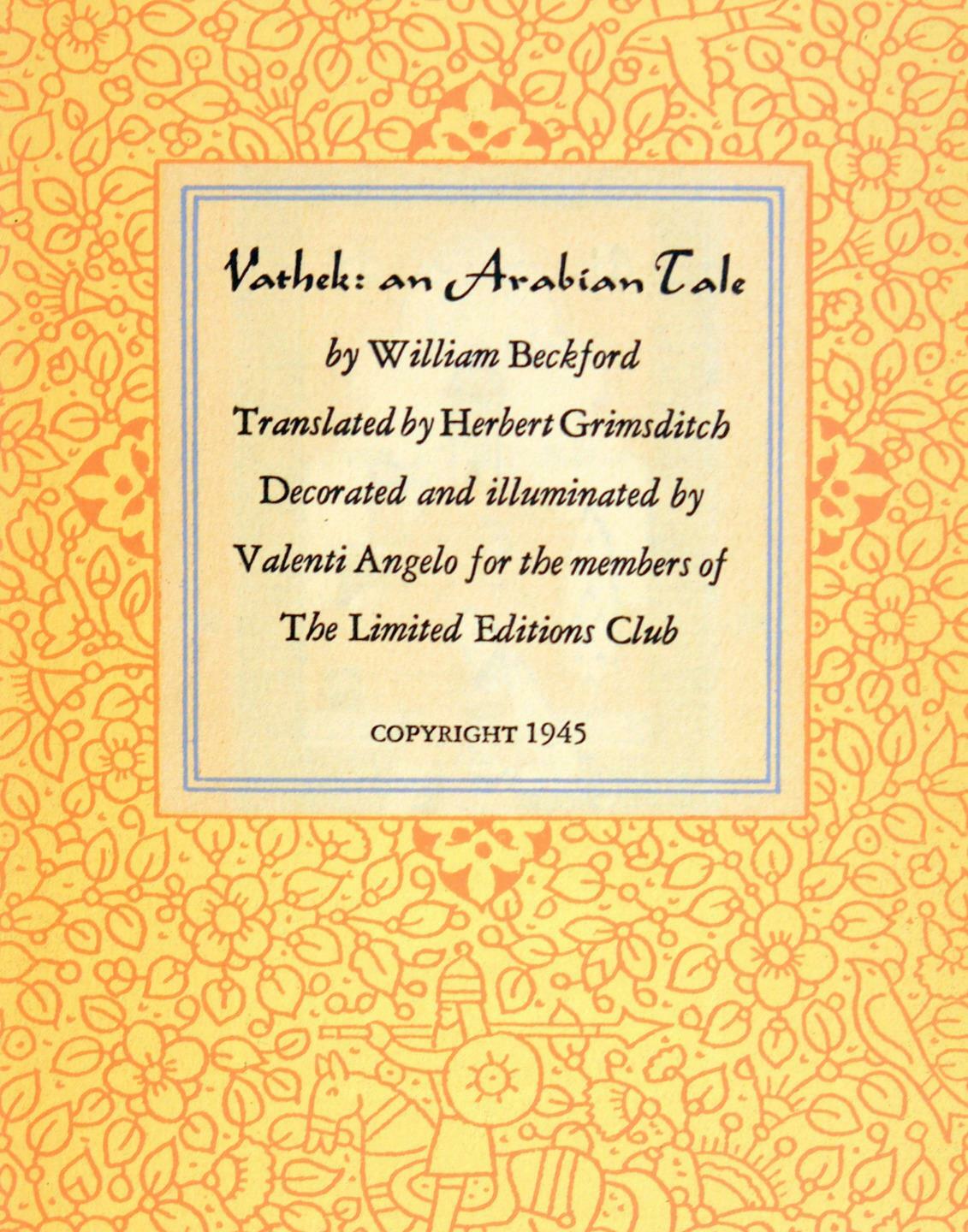 William Beckford Valenti Angelo Vathek An Arabian Tale Limited Editions Club