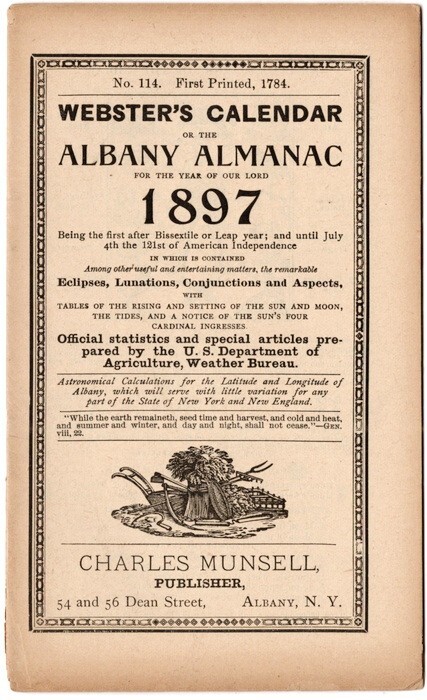 1897 Webster’s Calendar or the Albany Almanac No 114, Charles Munsell, Albany NY