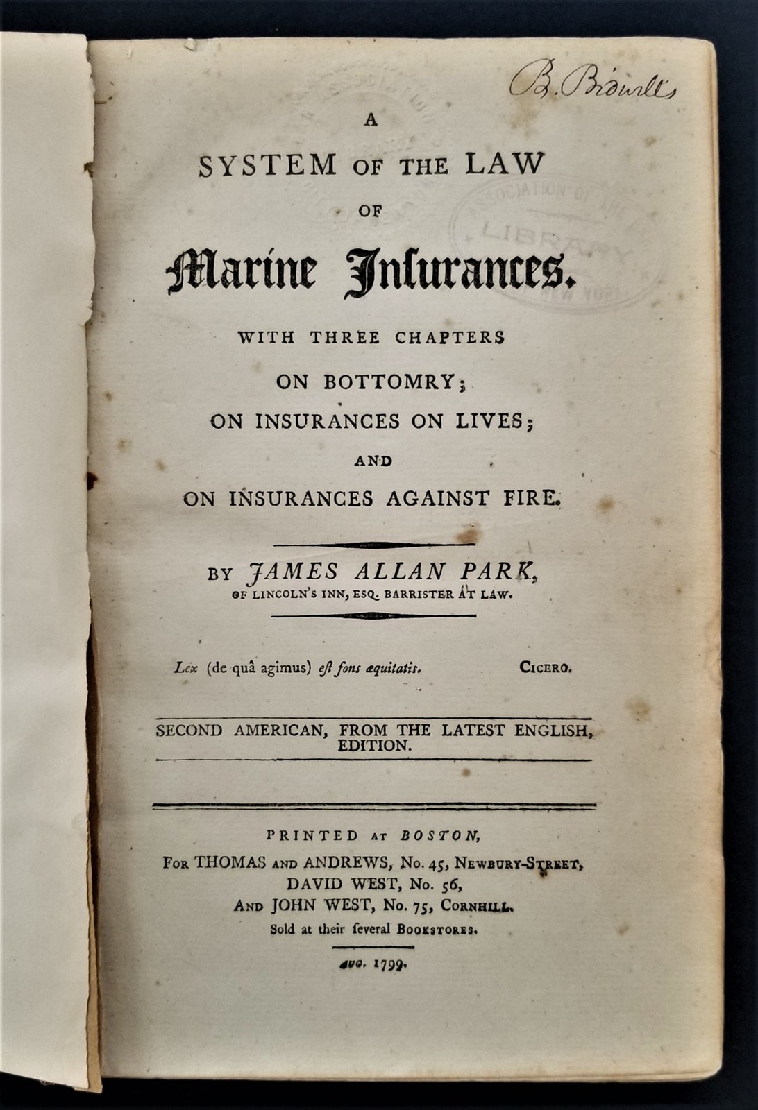 1799 antique NAUTICAL boston ma SYSTEM OF LAW MARINE INSURANCES missing covers