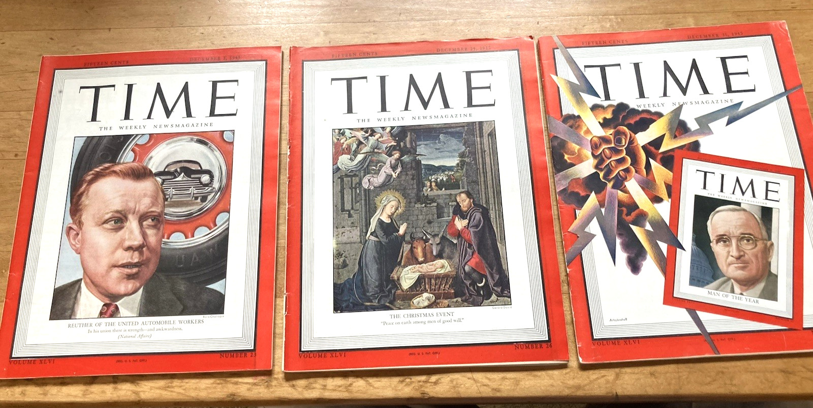 TIME MAGAZINE-1945-3 ISSUES-DECEMBER 3, 24, 31-NO LABEL-COMPLETE, NEAT CLEAN