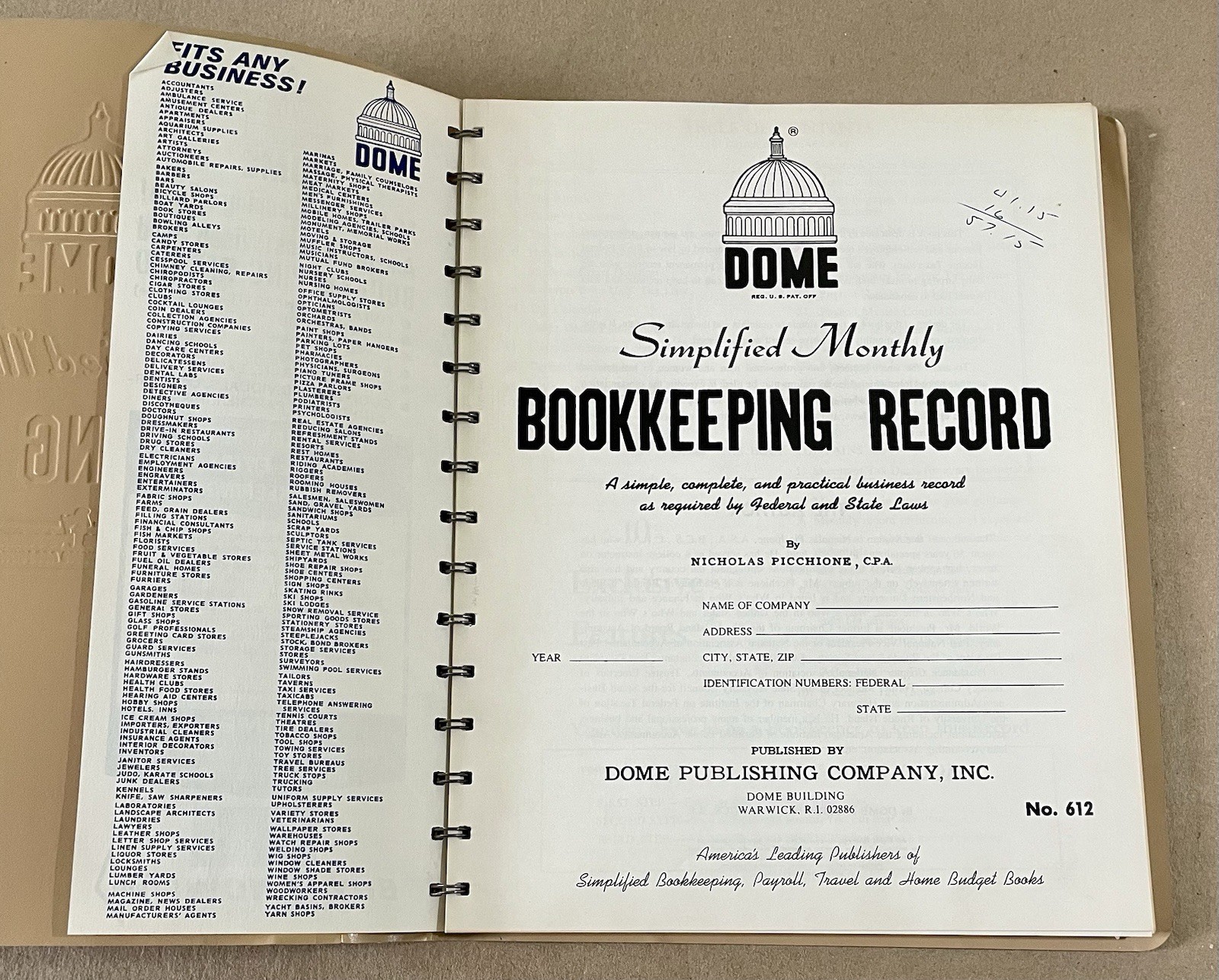 1983 DOME Spiral Bound Simplified Monthly Bookkeeping Record PICCHIONE No. 612