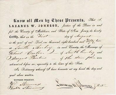 Lazarus W Johnson / 1852 MARRIAGE LICENSE FOR GABRIEL CULVER AND MARGARET 1st ed