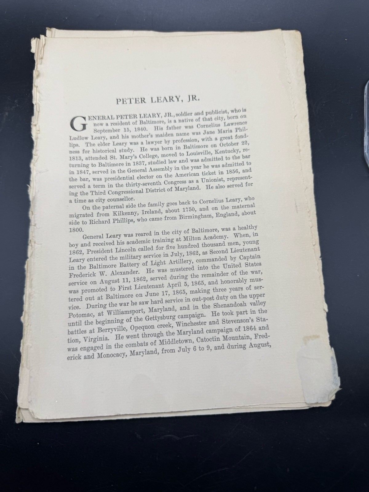 Antique Biography: Brigadier-General Peter Leary, Jr. of Baltimore, MD