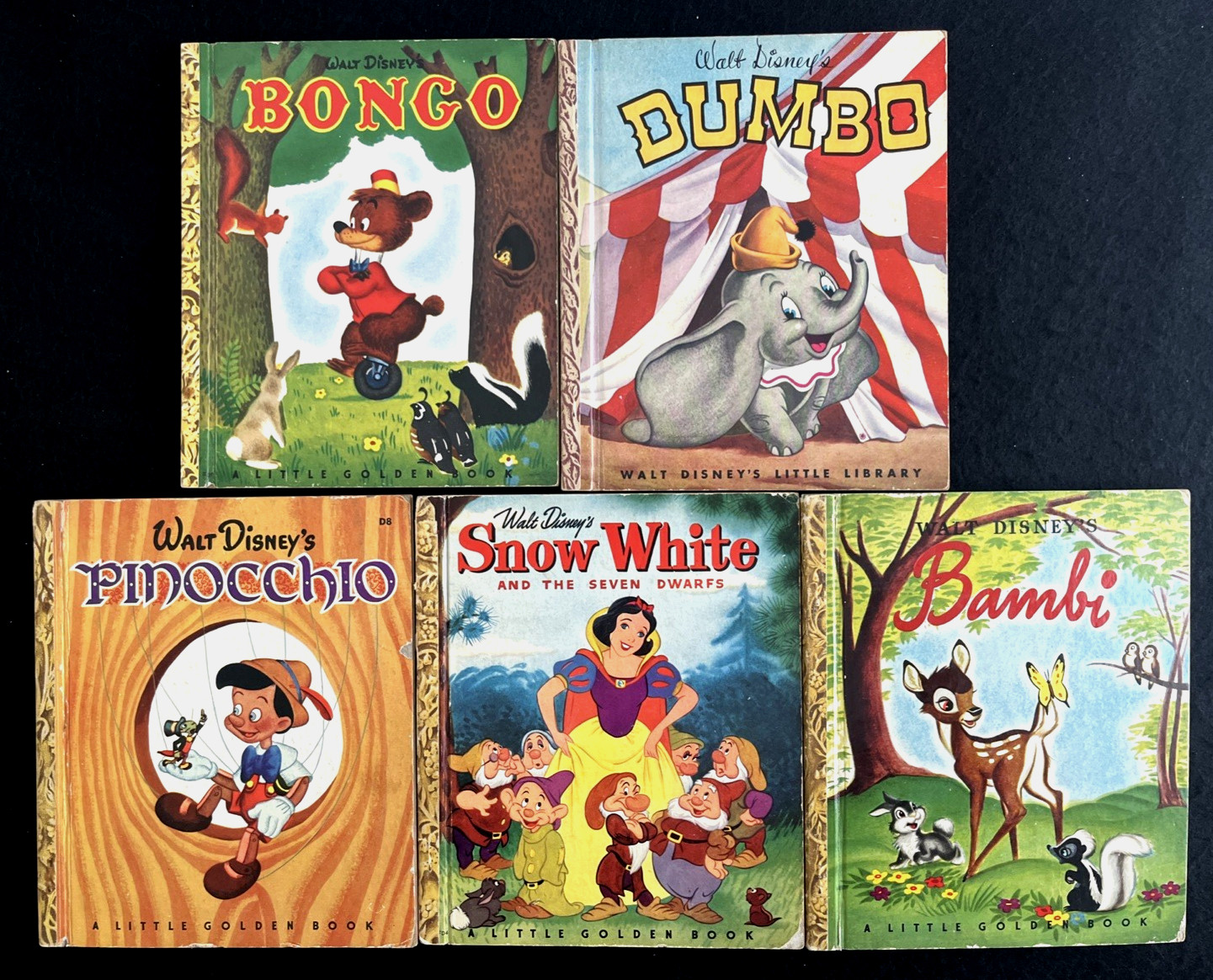 SNOW WHITE, BAMBI, DUMBO + 2 MORE ~ 42-page Disney Little Golden Books, 1940s