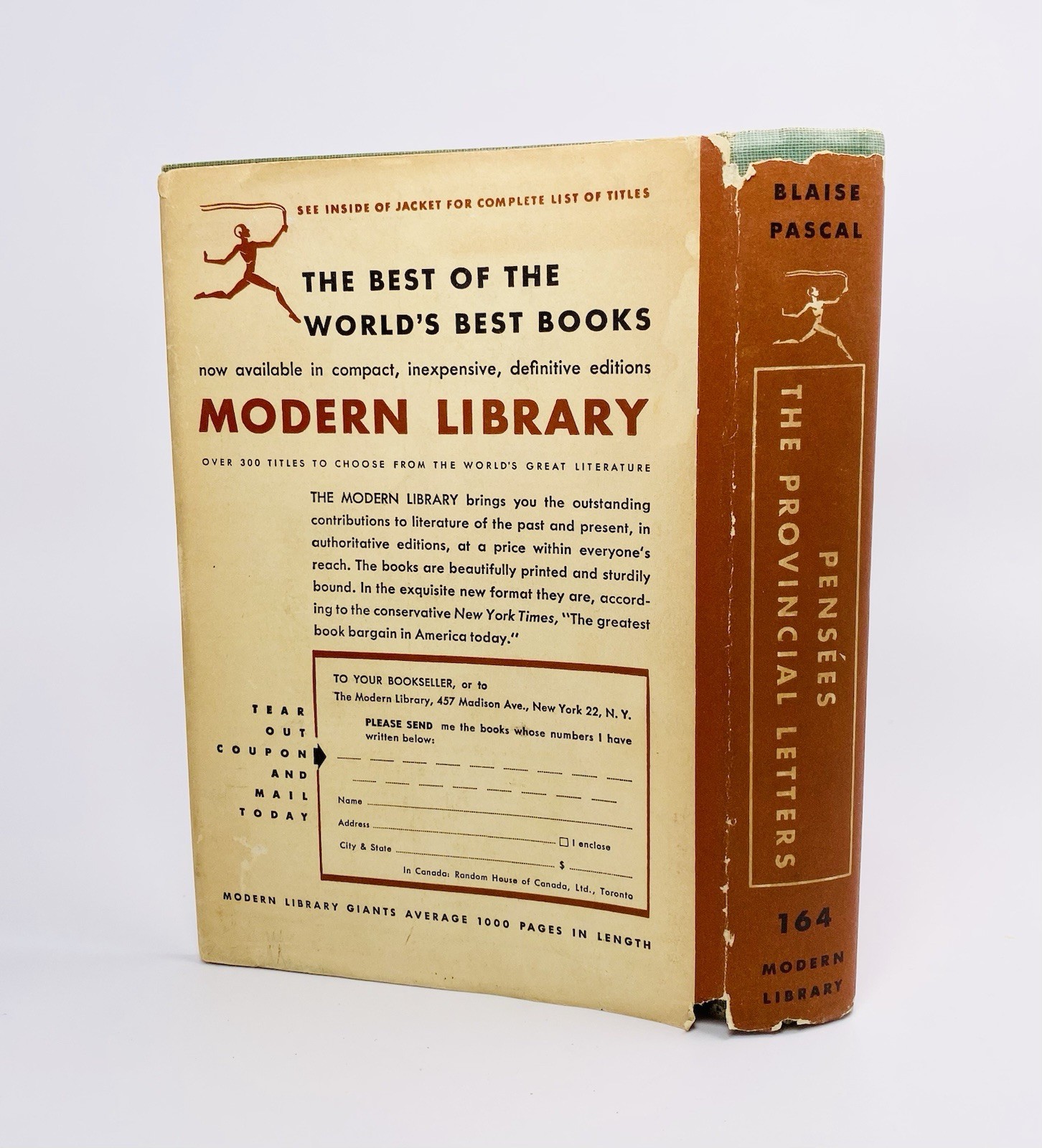 PASCAL, PENSÉES and PROVINCIAL LETTERS, MODERN LIBRARY, # 164, 1941, DJ in MYLAR