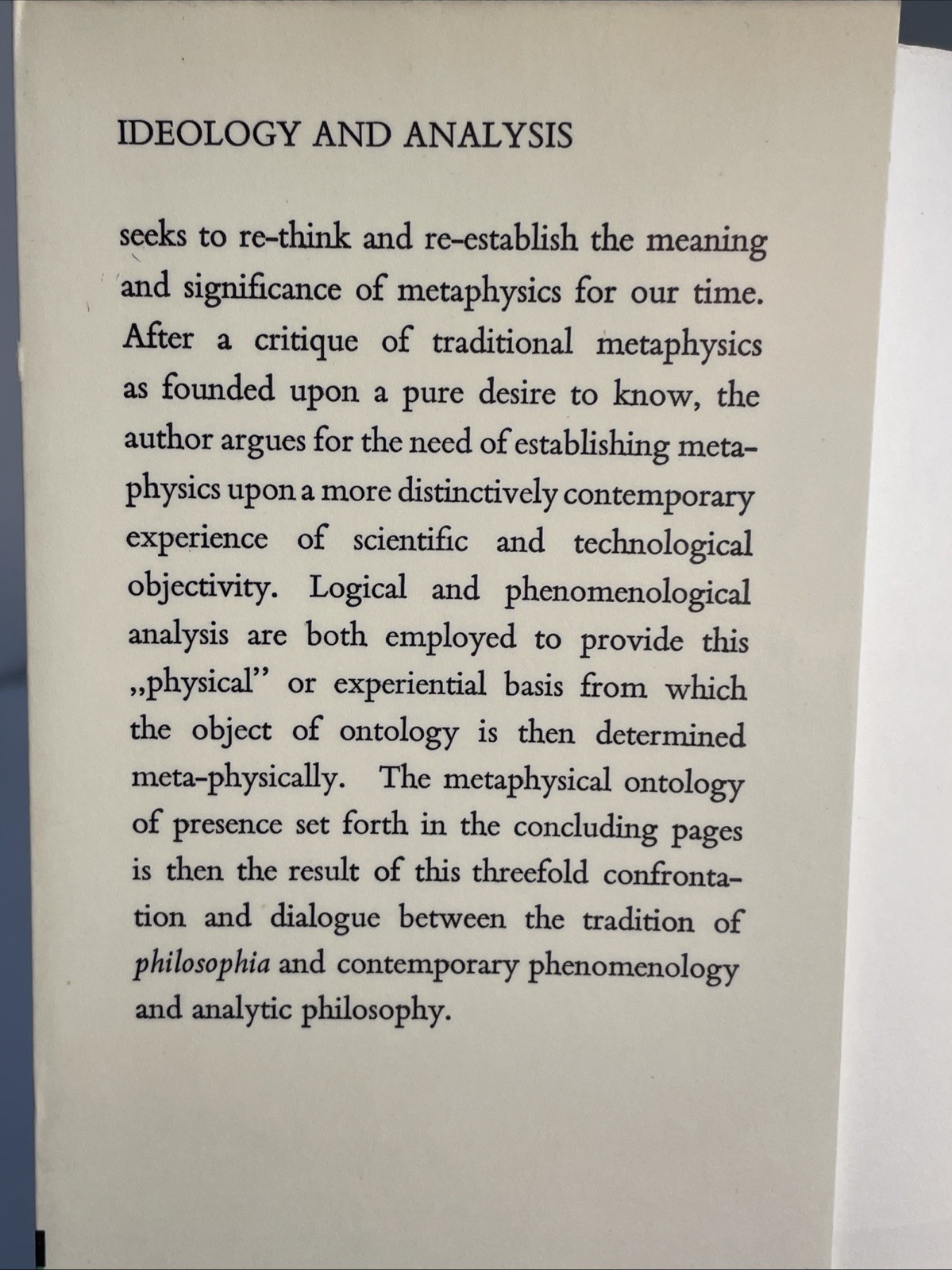Richard Hinners: Ideology & Analysis: A Rehabilitation of Metaphysical Ontology