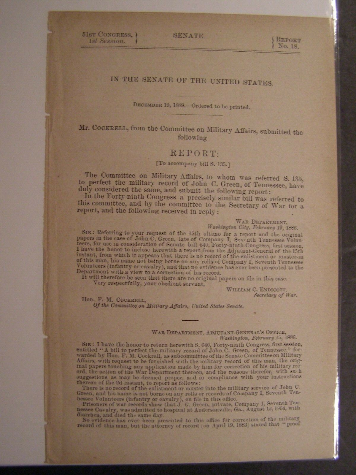Government Report 1889 John C Green Co I 7th TN Vol Not on Any Rolls or Records