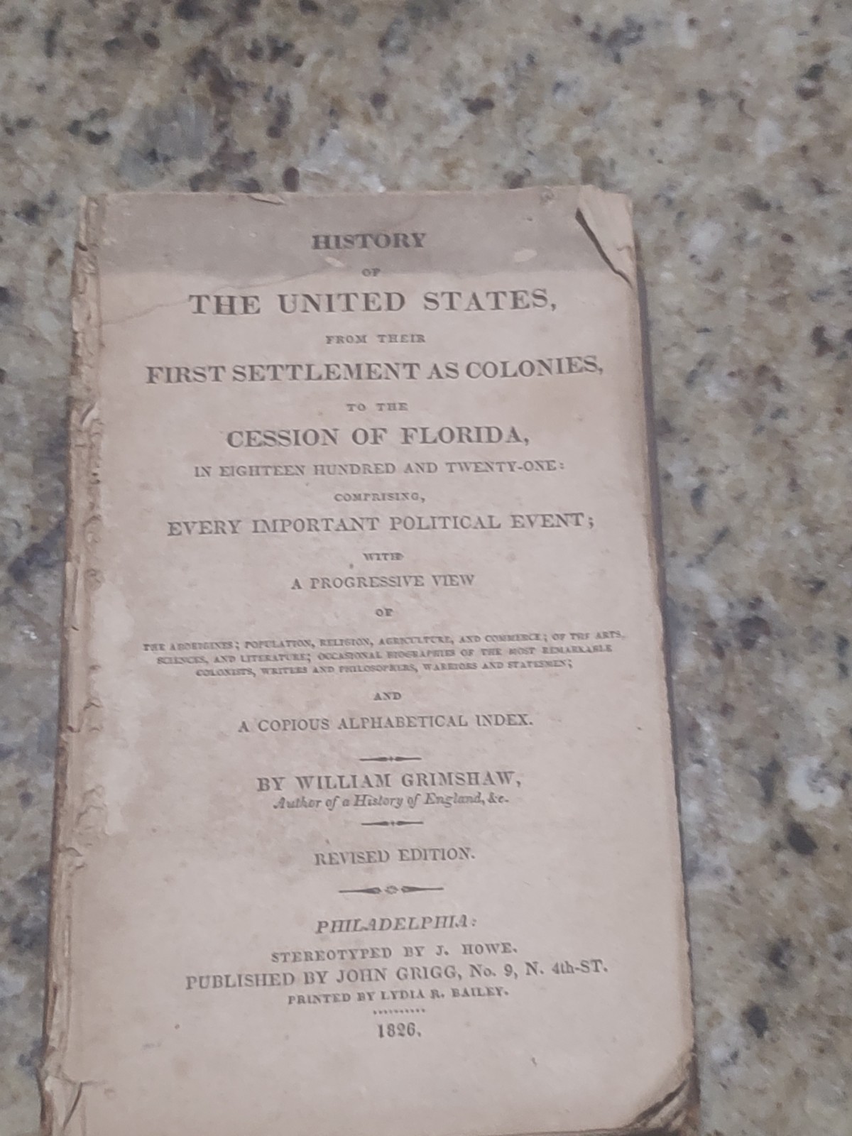 History of the United States by William Grimshaw RARE!! 1826 Missing Cover