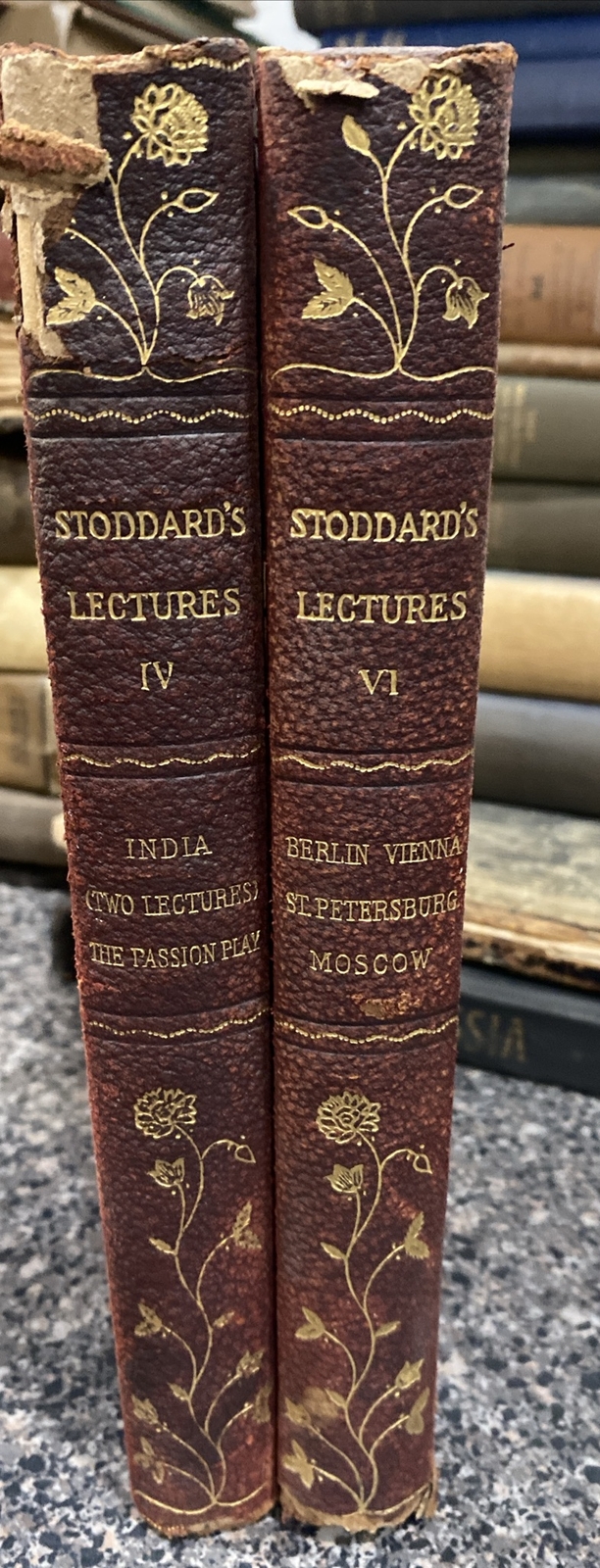 2 Antique-John L. Stoddard ‘s Lectures Volumes IV And VI Partial Leather 1905/06