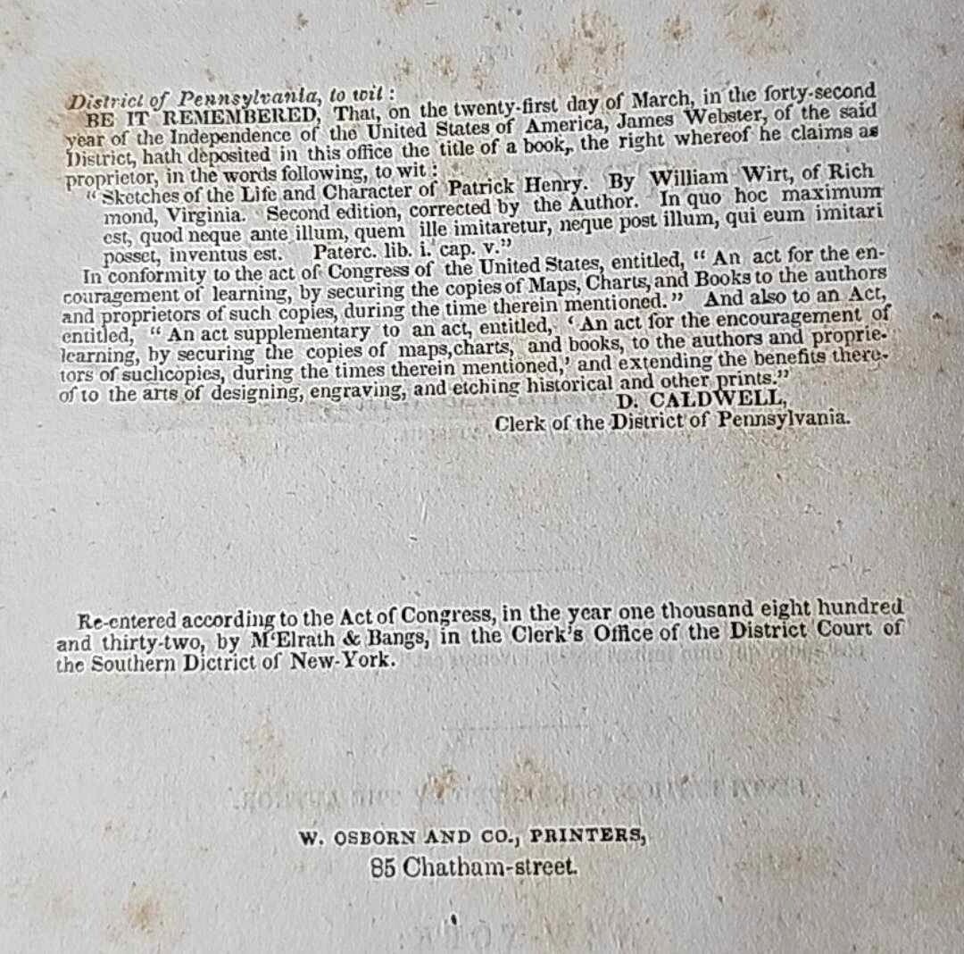 Antique 1833 Sketches Of The Life Of Patrick Henry By William Wirt
