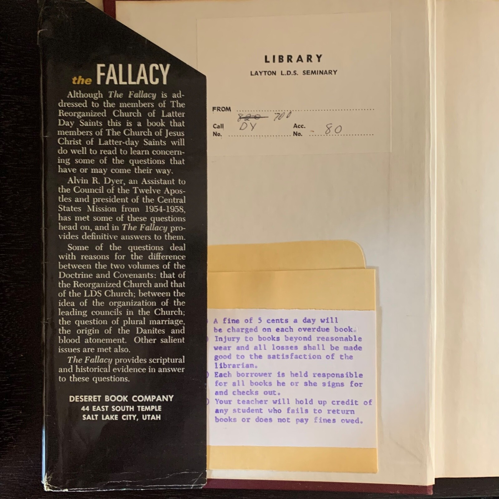 The Fallacy – Alvin R. Dyer – 1964 Deseret Book Co. – Hardcover w/ Dust Jacket