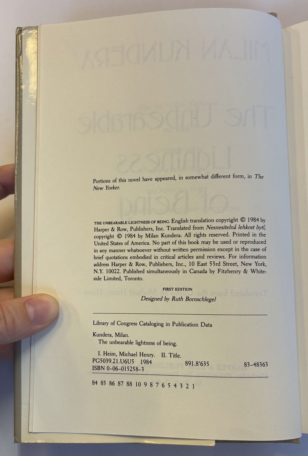 Milan Kundera, Michael Henry Heim / UNBEARABLE LIGHTNESS OF BEING 1st ed 1984