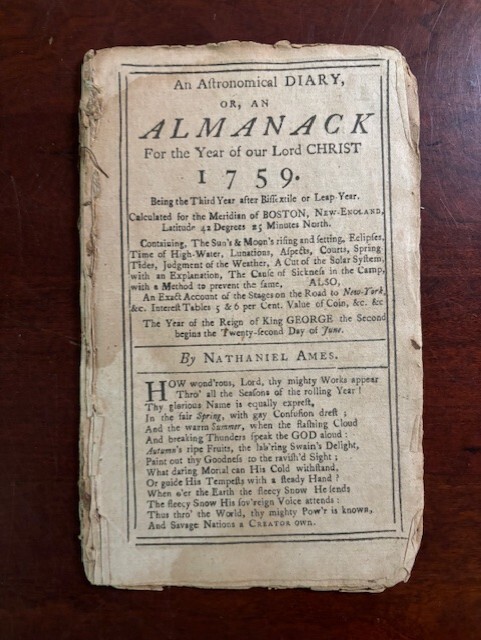 Astronomical Diary Almanack For Year of our Lord 1759, Nathaniel Ames INCOMPLETE