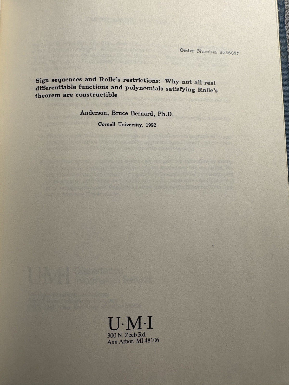 Cornell University Math PhD Dissertation UMI Facsimile Blue Cloth Hardcover