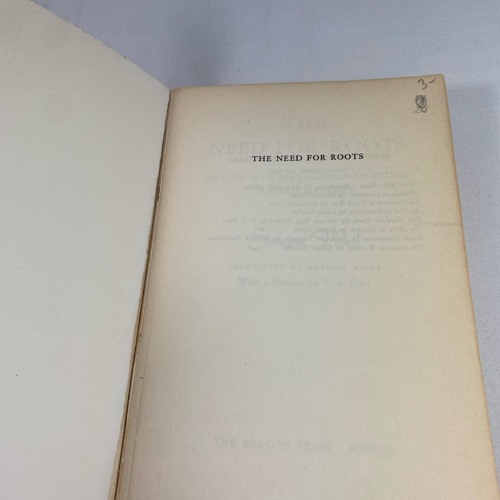 The Need for Roots by Simone Weil Intro by T S Eliot 1st Beacon Edition 1955 PB