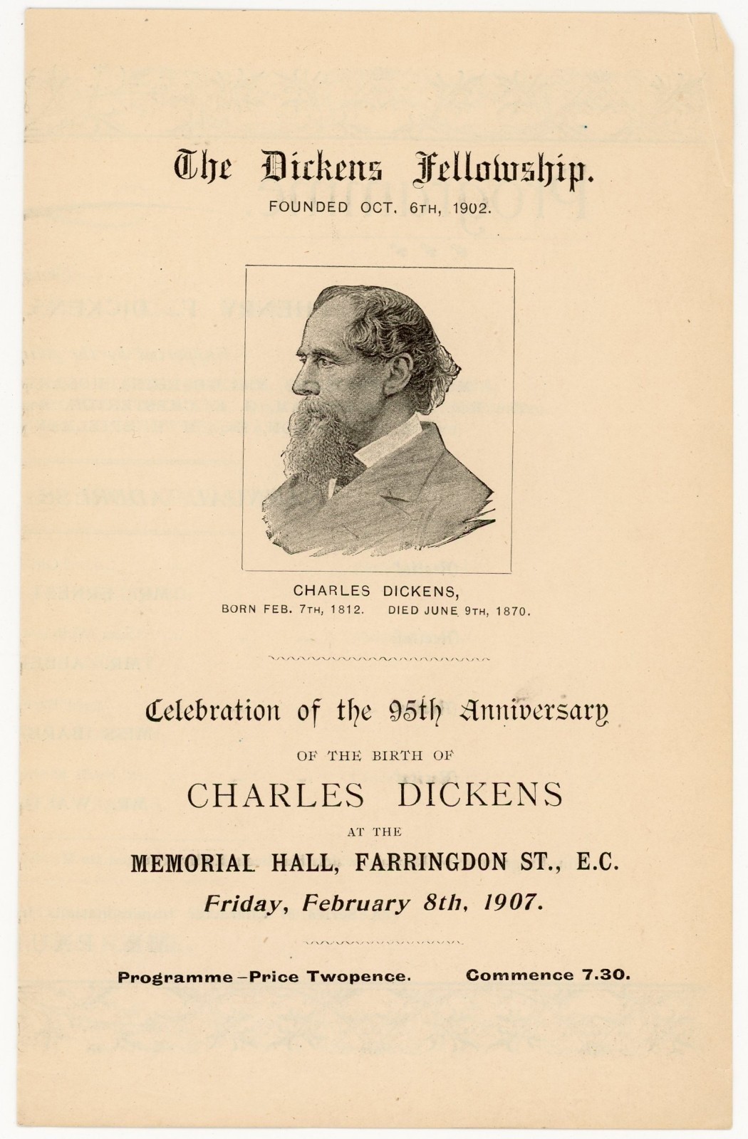 1907 Dickens Fellowship 95th Birthday Program Memorial Hall London