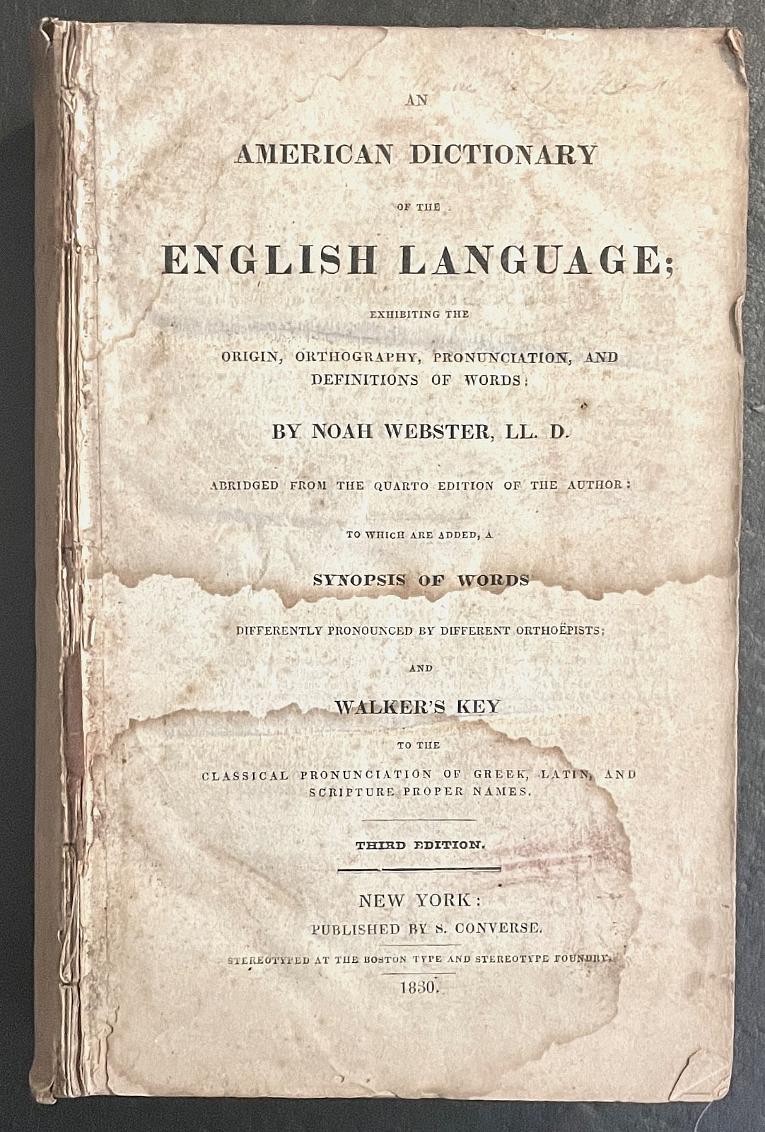 Rare 1830 WEBSTERS DICTIONARY English Language S. Converse Abridged Binders Copy