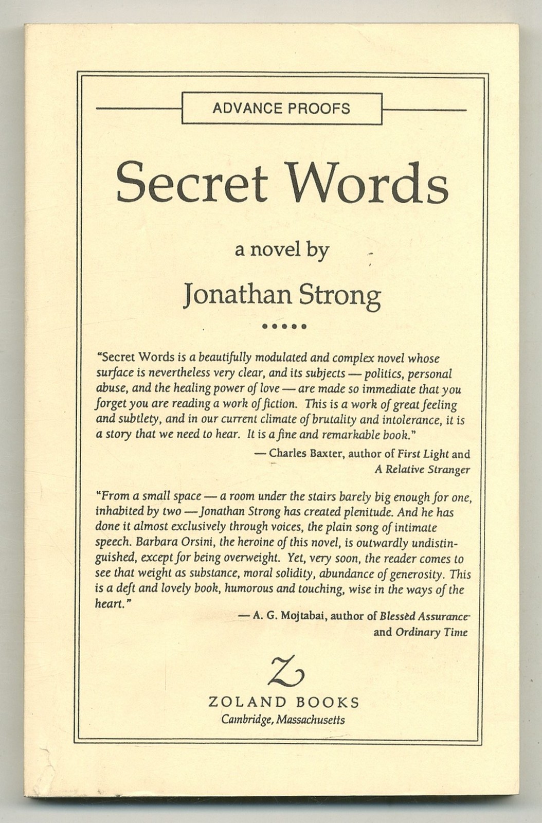Jonathan STRONG / Secret Words Uncorrected Proof 1st 1992