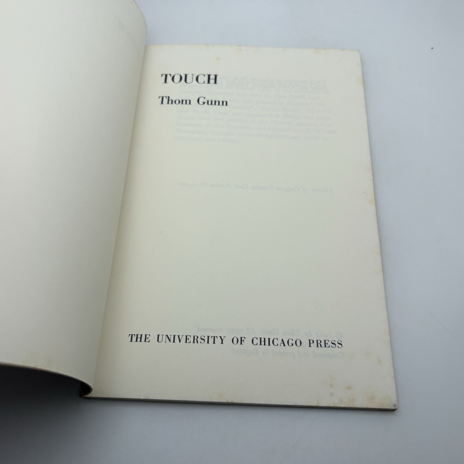 Touch Thom Gunn 1968 Univ Chicago Press PB Rare Hands Cover Poetry