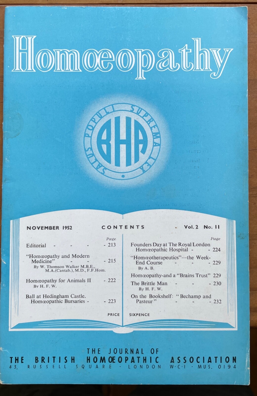 HOMOEOPATHY – BRITISH HOMOEOPATHIC ASSN – ALTERNATIVE NATURAL MEDICINE, Nov 1952
