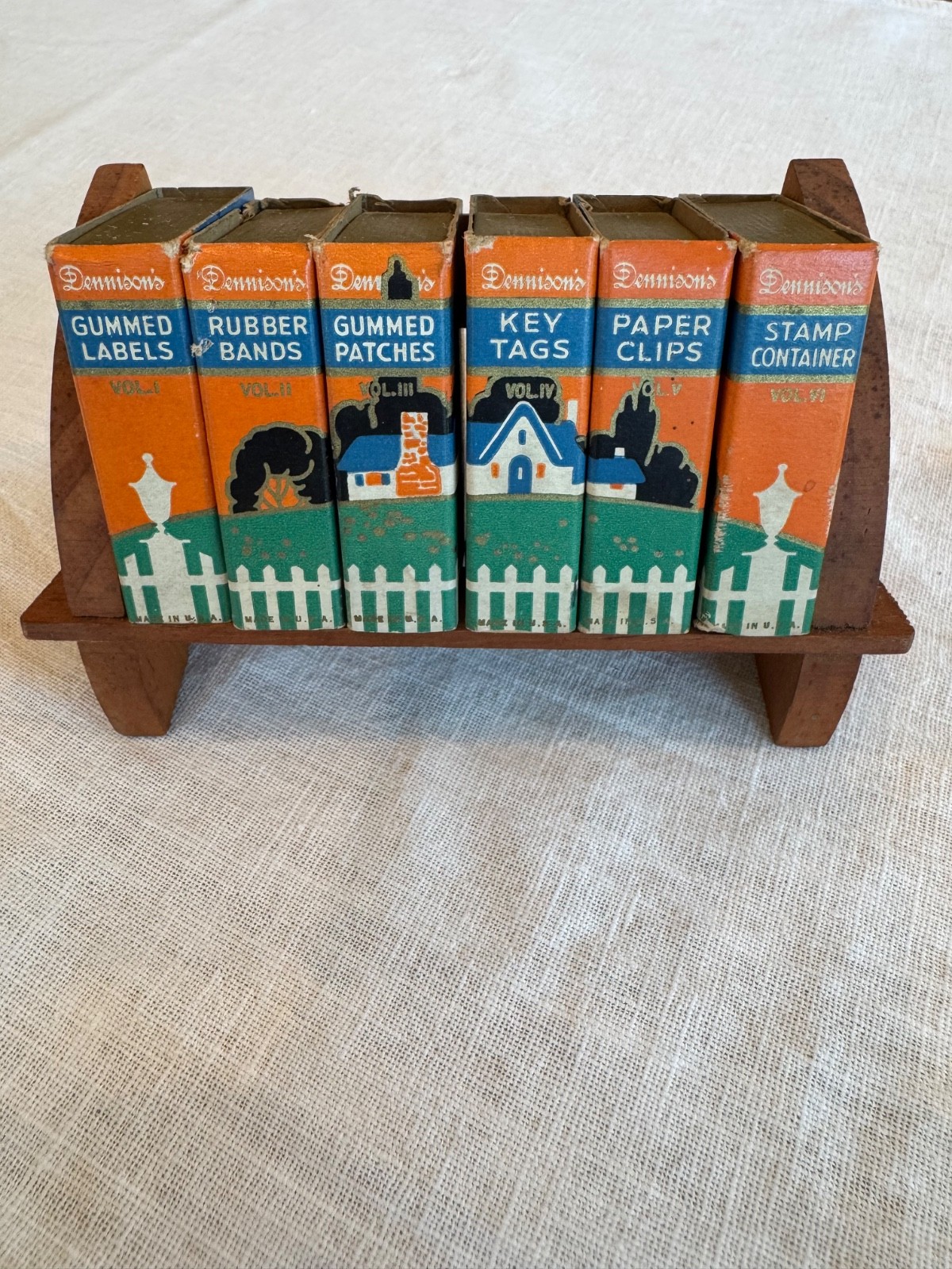 1940s Dennison’s Faux Book Deskset Vol. 1-6 with Wood Rack Art Deco