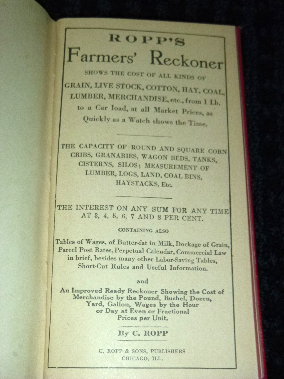 Vtg 1919 Ropps Farmers Reckoner Hardcover Book Crop Calclulations 128 pgs