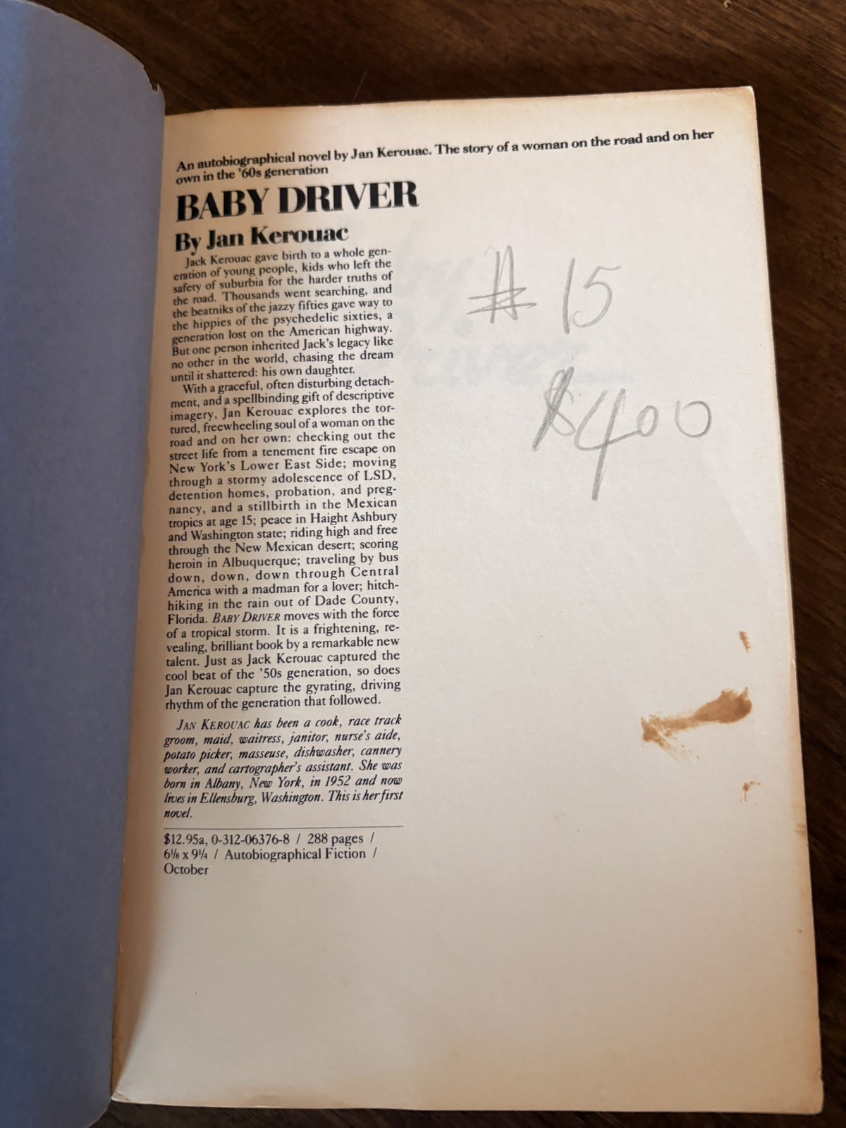 Jan Kerouac BABY DRIVER Rare Uncorrected Proof ARC w/ Ink Editorial Corrections