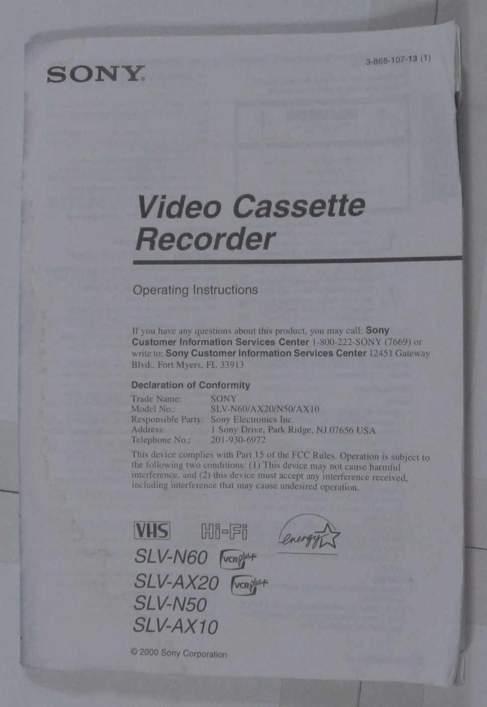 Sony SLV-N60 AX20 N50 AX10 VHS Video Cassette Recorder Operating Instructions