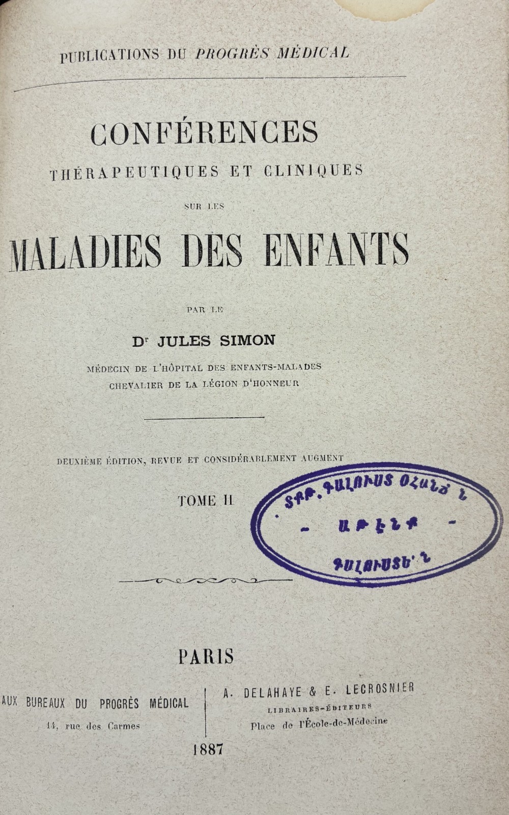 Antique 1887 Book Conferences Therapeutiques Et Cliniques by Dr. Jules Simon