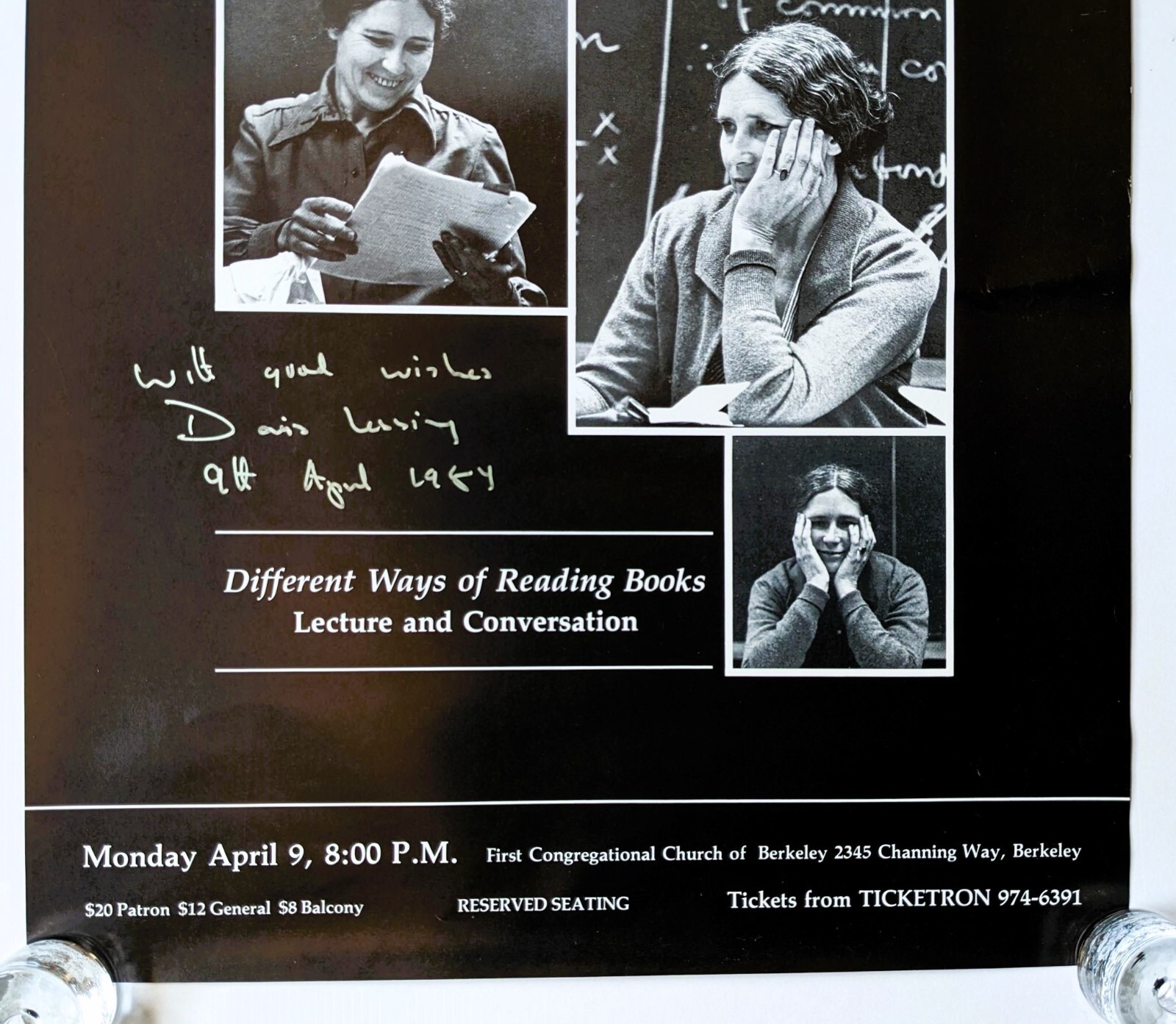 DORIS LESSING POSTER SIGNED & INSCRIBED – EVENT to BENEFIT AFGHAN REFUGEES