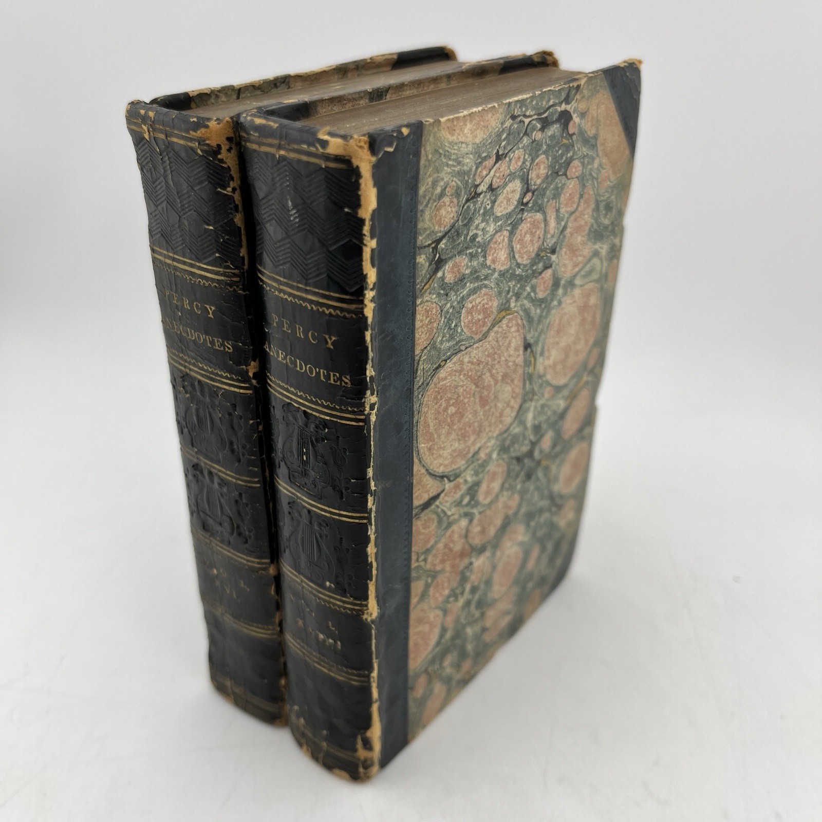 Antique 1820s Percy Anecdotes 2 Vol Set Leather Marbled Bindings