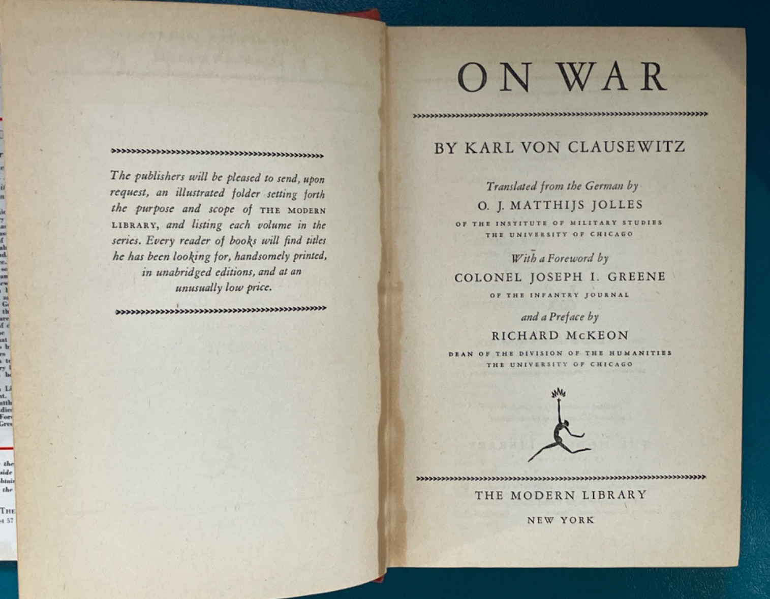 1943 Clausewitz On War Jollies translation Modern Library ed w/ dust jacket