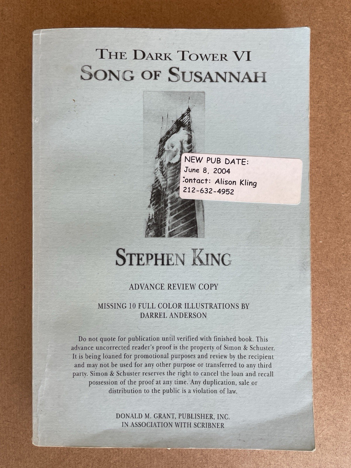 Stephen King, The Dark Tower VI Song of Susannah Advanced Review Copy