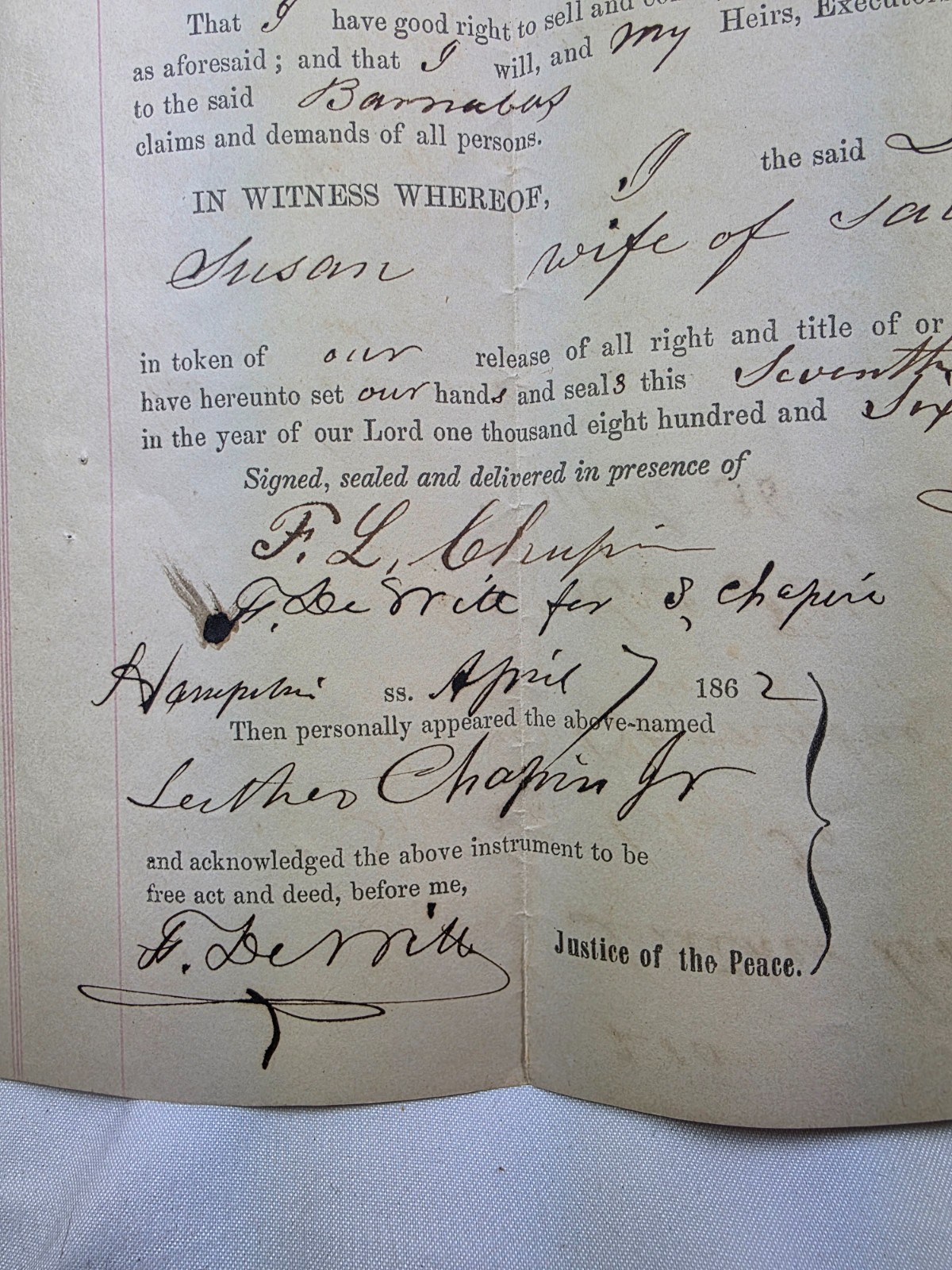 1862 Massachusetts Warranty Deed w/ Revenue Stamps. Chapin Family Genealogy Book