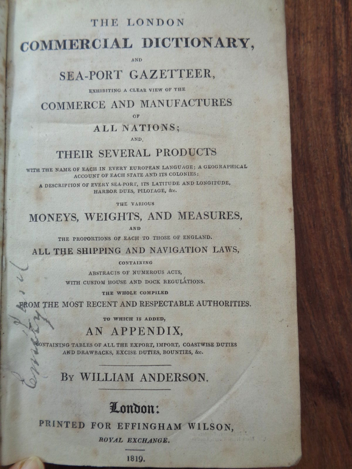 1819 THE LONDON COMMERCIAL DICTIONARY & SEA-PORT GAZETTEER by ANDERSON 1 PLT ^