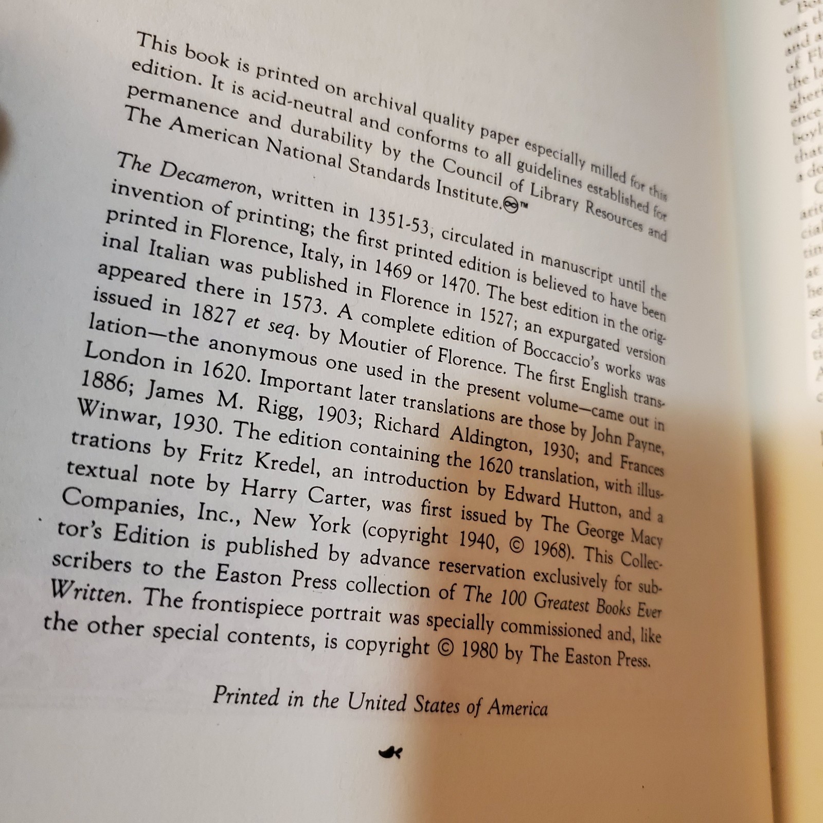 „The Decameron“, by Giovanni Boccaccio; Easton Press Collector’s Edition – 1980