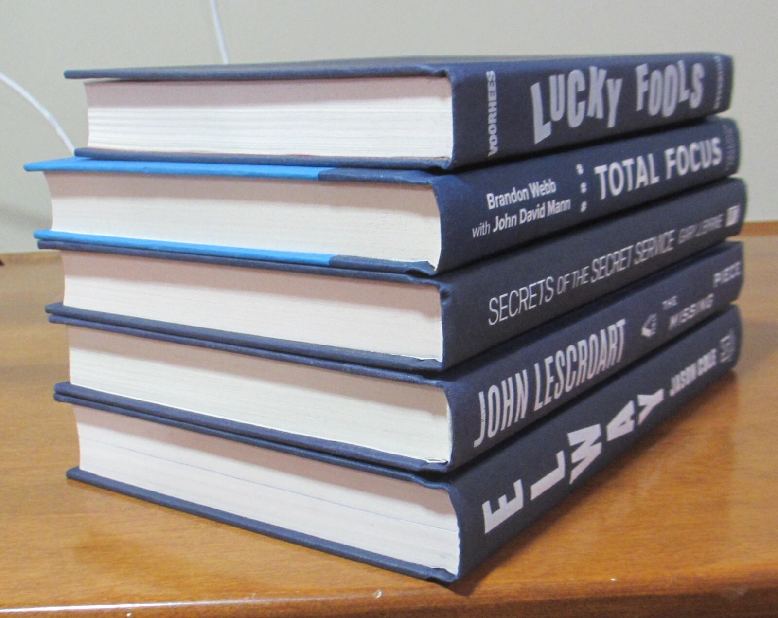 DECOR Book lot 5 Library Shelf Display Office Staging Navy Blue-White Text *NEW*