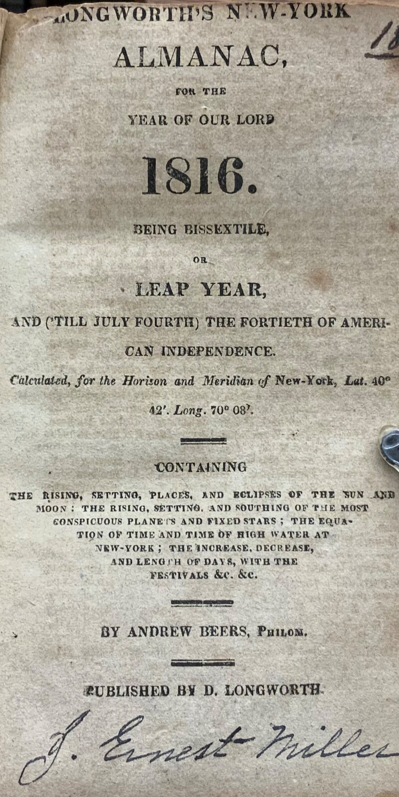 1816 Longworth’s New York Almanac (Leap Year) + Vessel Duties + City Directory