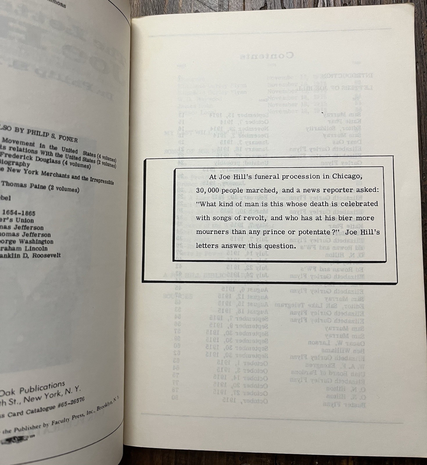 THE LETTERS OF JOE HILL IWW Wobbly Wobblies Union Labor Rights Groups Foner 1965