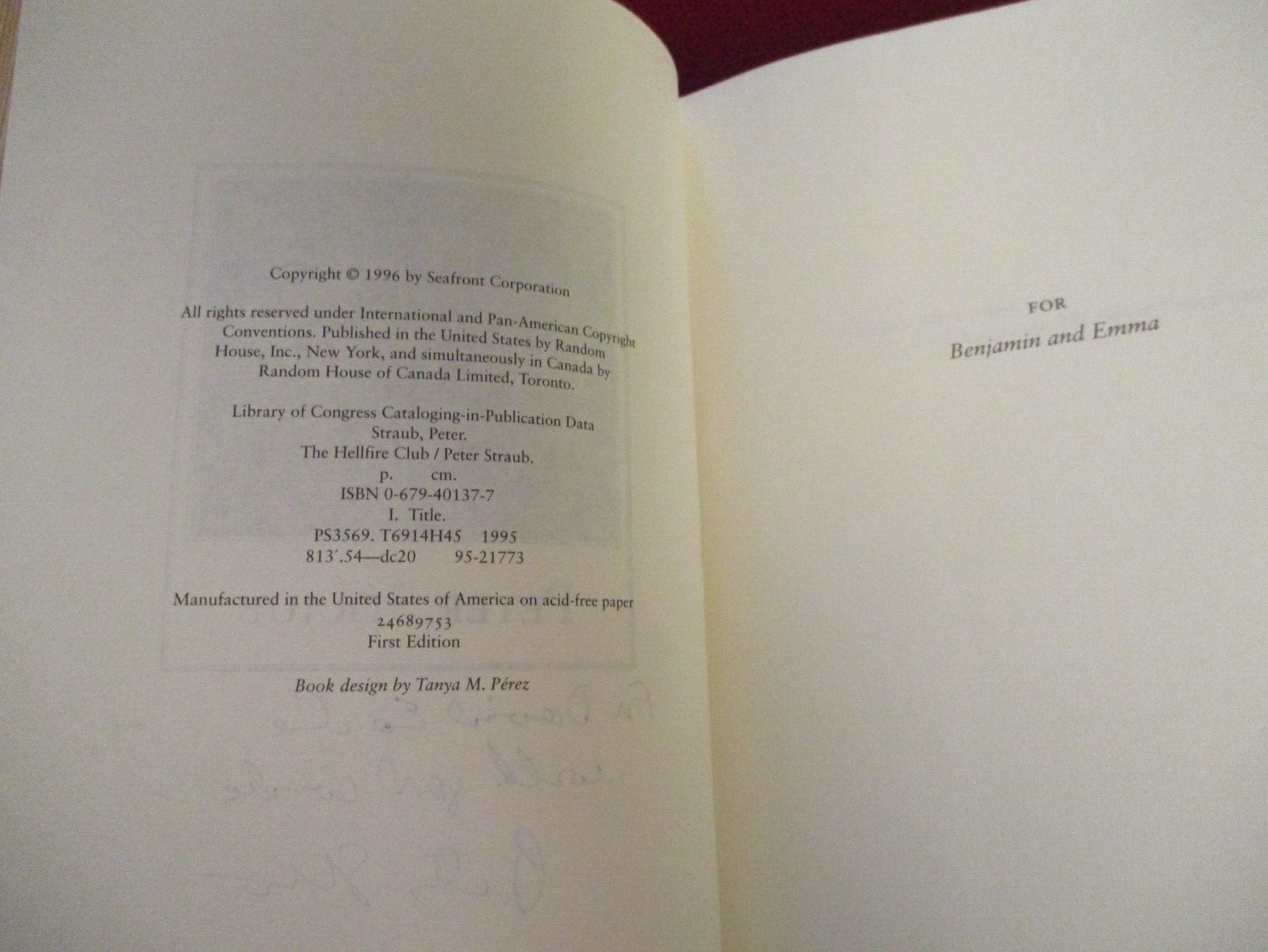 SIGNED (Inscribed) ~ The Hellfire Club by Peter Straub (1996) 1st Edition